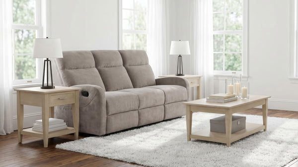 Hamilton reclining sofa side angled in sand chenille fabric