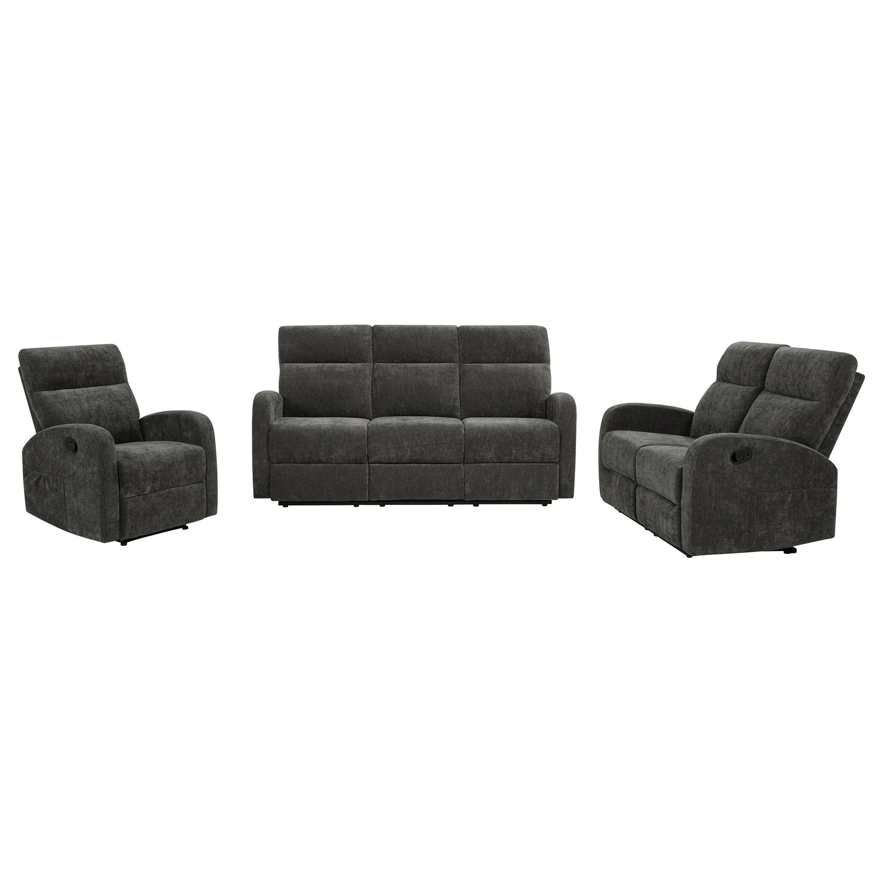 Side view of Hamilton reclining loveseat in charcoal grey