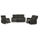 Glider recliner with manual reclining handle in charcoal grey