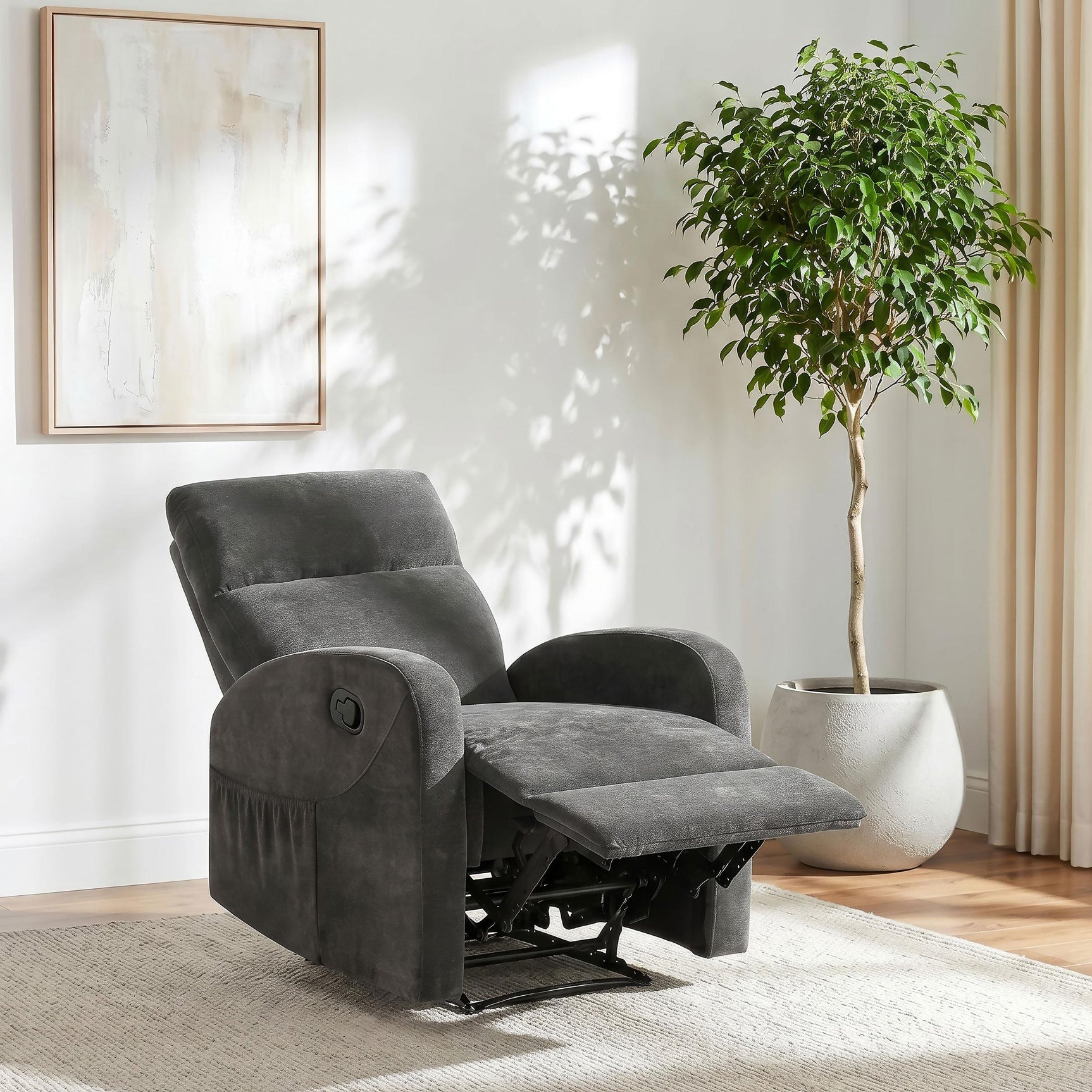 Side view of Hamilton Manual Glider Recliner in charcoal grey