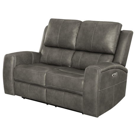 Armrest cup holder on charcoal Brickston Loveseat