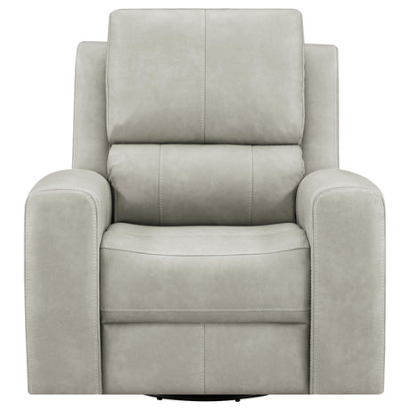 Grey leatherette upholstery close-up on triple power recliner