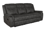 Side view of Lawrence Upholstered Tufted Back Motion Sofa showing recliner lever