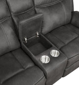 Manual recliner mechanism on Lawrence loveseat