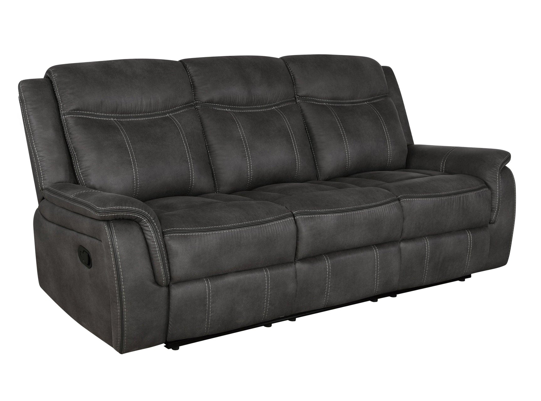 Lawrence tufted reclining loveseat in dark grey, angled side view