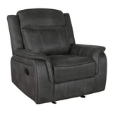 Close-up of tufted dark grey microfiber upholstery on Lawrence recliner