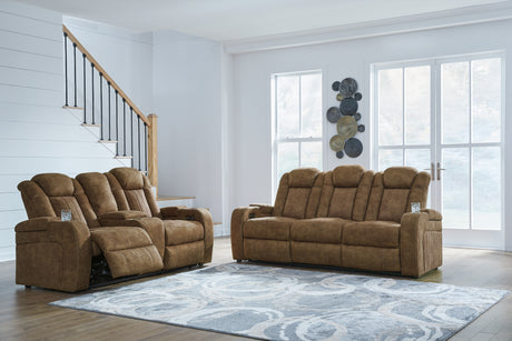 Sofa close-up showing brindle fabric and armrest storage