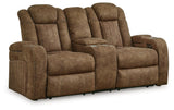 Wolfridge Brindle Faux Leather Power Reclining Loveseat side view with recliner extended
