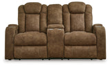 Wolfridge Brindle Loveseat with armrest storage open