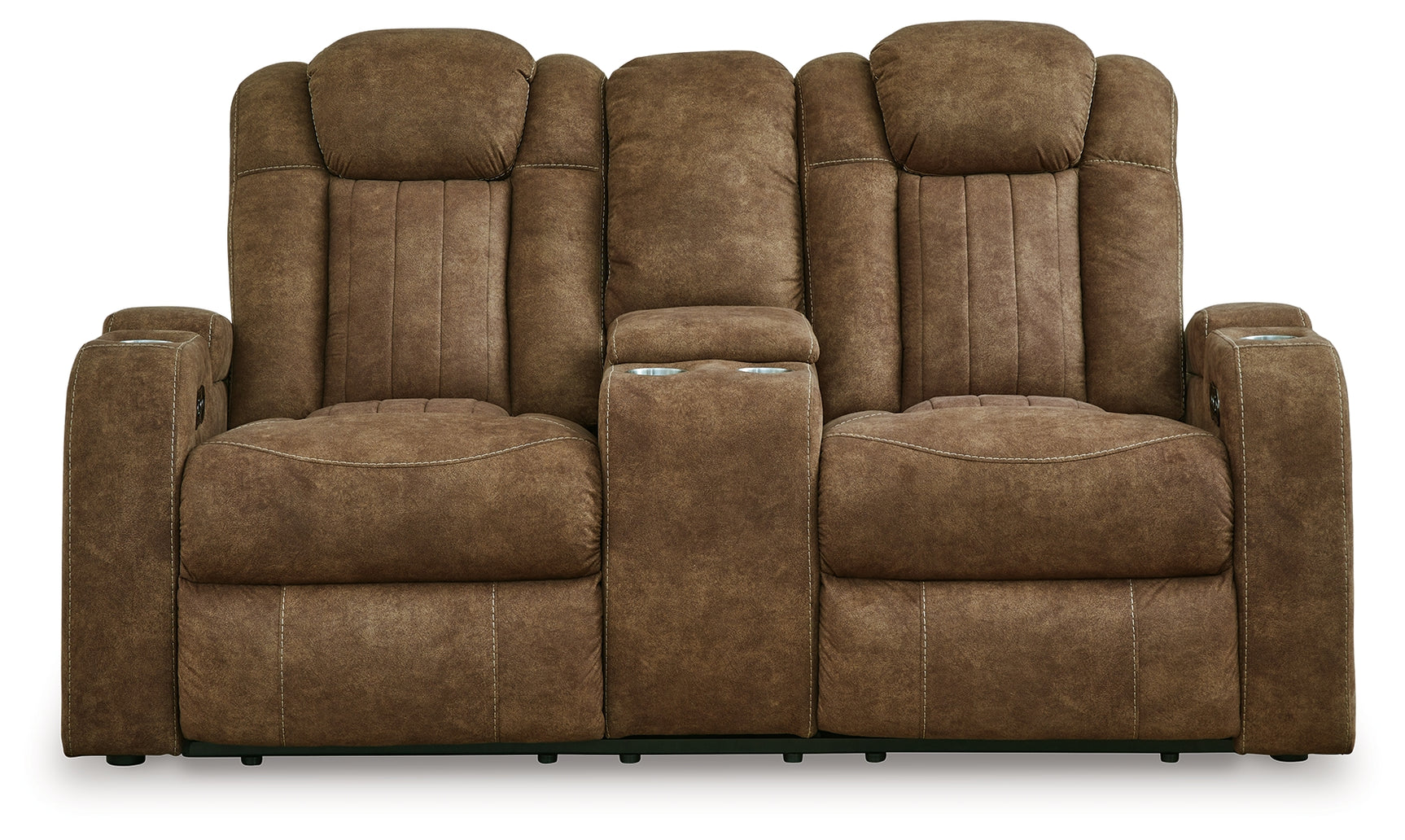 Wolfridge Brindle Loveseat with armrest storage open