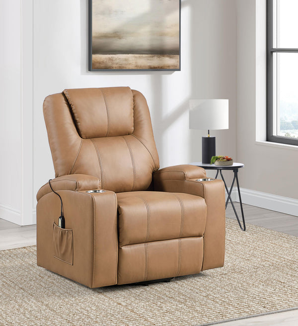 Side view of Armstrong power lift massage recliner in camel