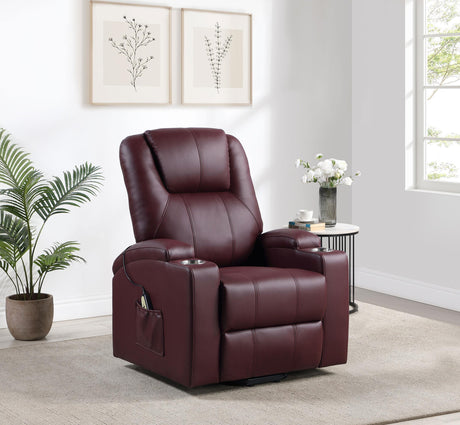 Side angle of Armstrong wine red power lift massage recliner
