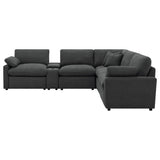 Close-up of dark grey fabric and cushions on Collins sectional