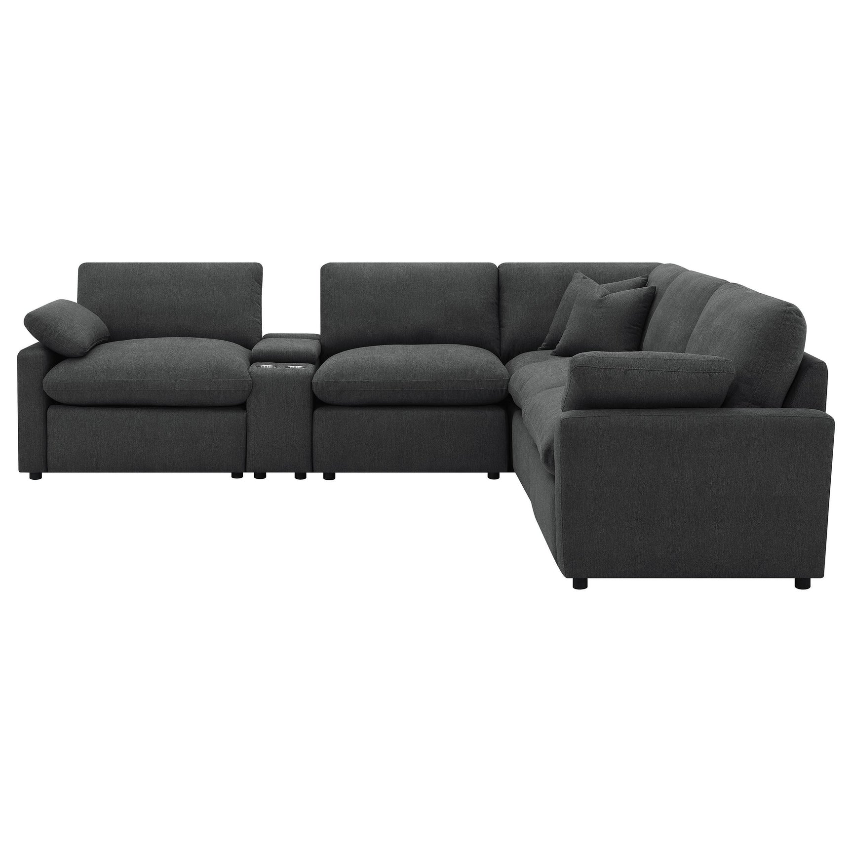 Close-up of dark grey fabric and cushions on Collins sectional