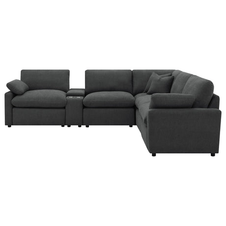 Close-up of dark grey fabric and cushions on Collins sectional