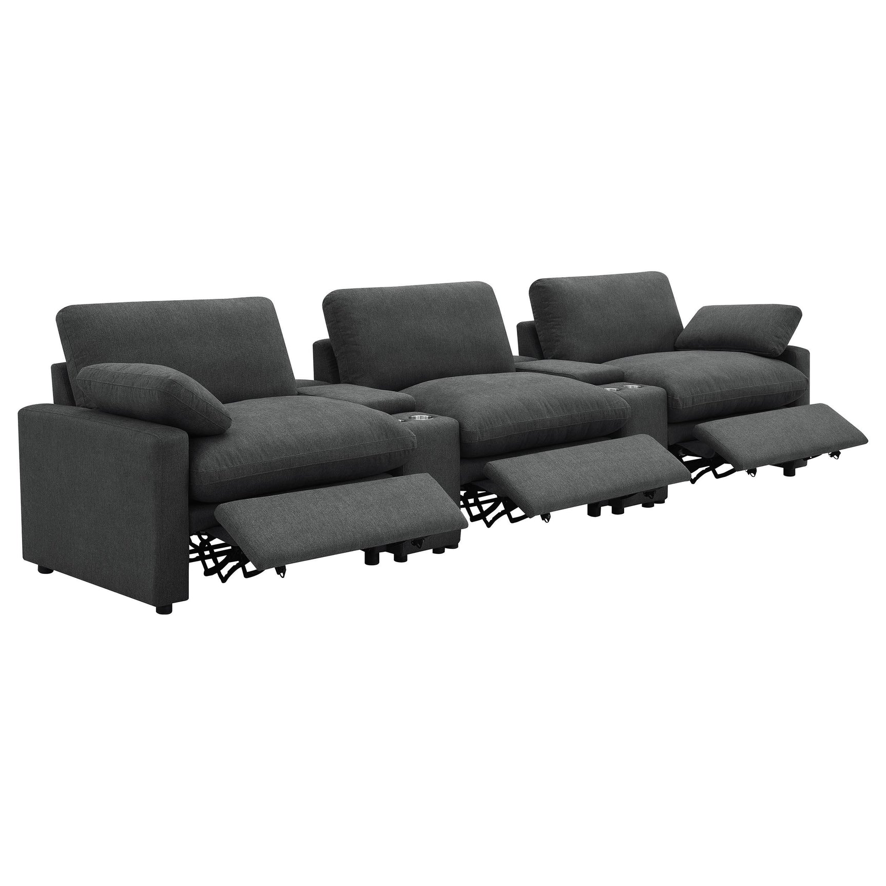 Left side view of Collins home theater seating in dark grey fabric