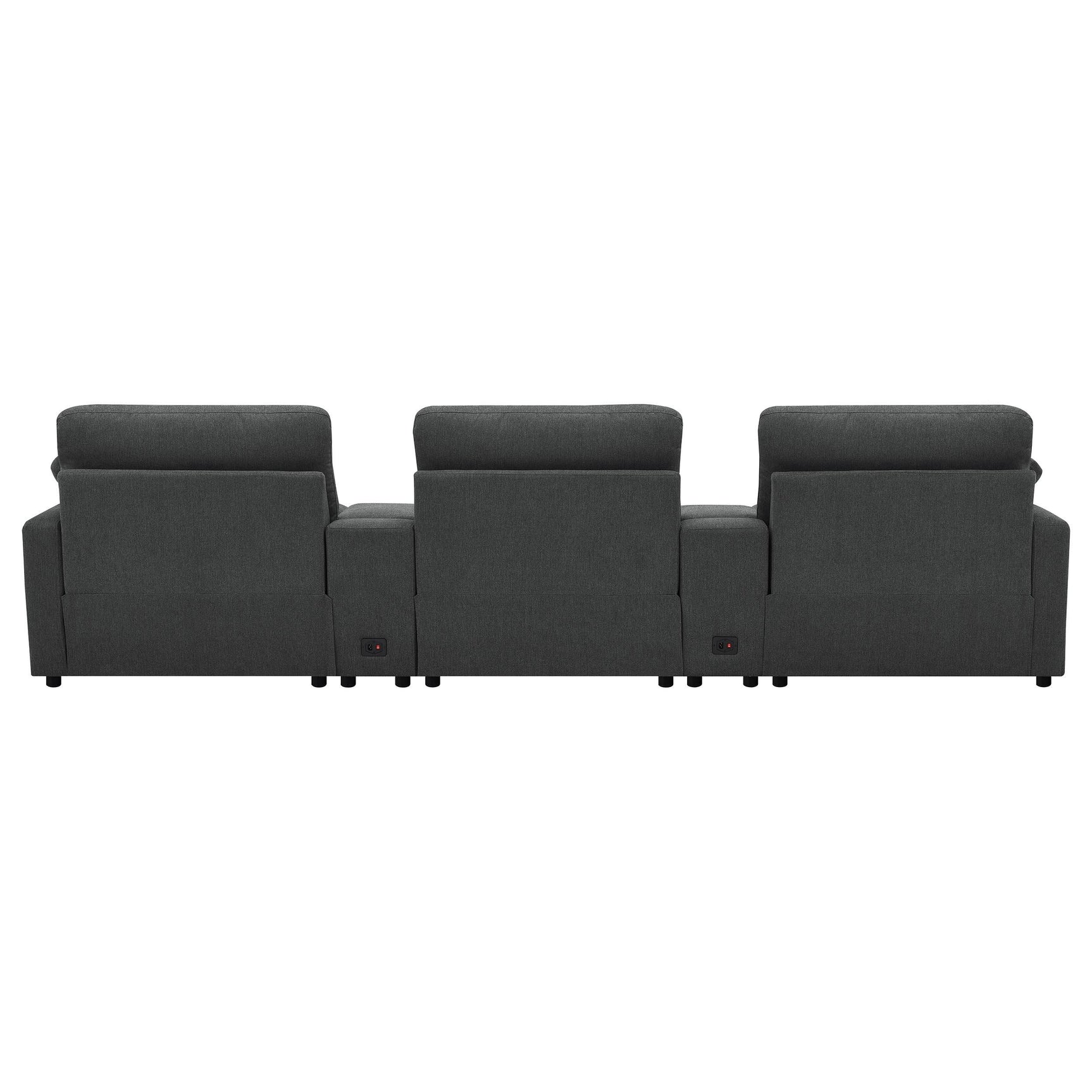 Pillow-top armrests on dark grey fabric seating