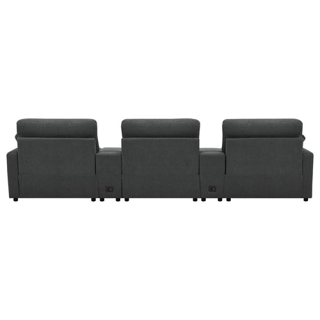 Pillow-top armrests on dark grey fabric seating