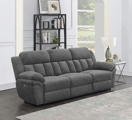 Bahrain Upholstered Power Recliner Sofa charcoal front angle