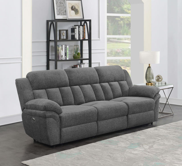 Bahrain Upholstered Power Recliner Sofa charcoal front angle