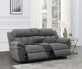 Bahrain Charcoal Upholstered Power Reclining Loveseat console detail