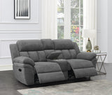 Bahrain grey upholstered motion loveseat reclining position with plush cushions and charcoal console