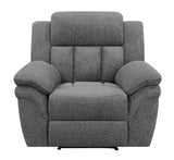 Side angle of Bahrain Upholstered Glider Recliner in charcoal