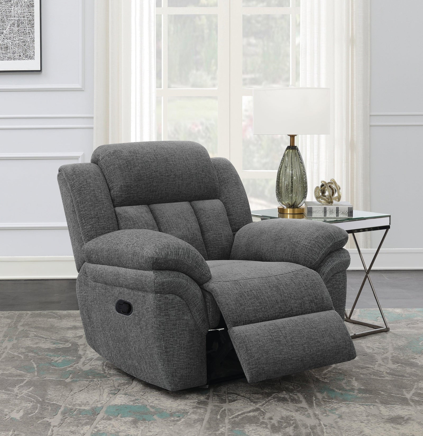 Bahrain Upholstered Glider Recliner Charcoal - Ella Furniture