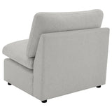 Angle showing seat cushion and legs of Collins chair