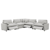 Collins sectional showing power recliner in grey fabric