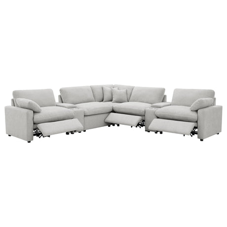 Collins sectional showing power recliner in grey fabric