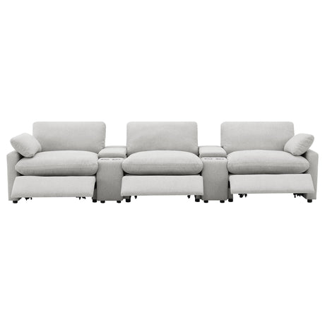 Collins reclining mechanism detail in grey fabric seating