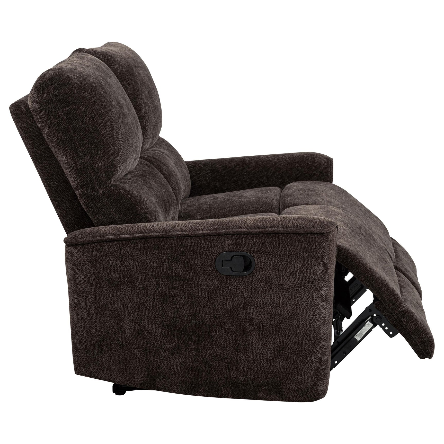 Overall angled view of Navarro dark brown reclining loveseat