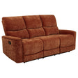 Side angle of Navarro reclining sofa in burnt orange chenille