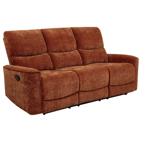 Side angle of Navarro reclining sofa in burnt orange chenille