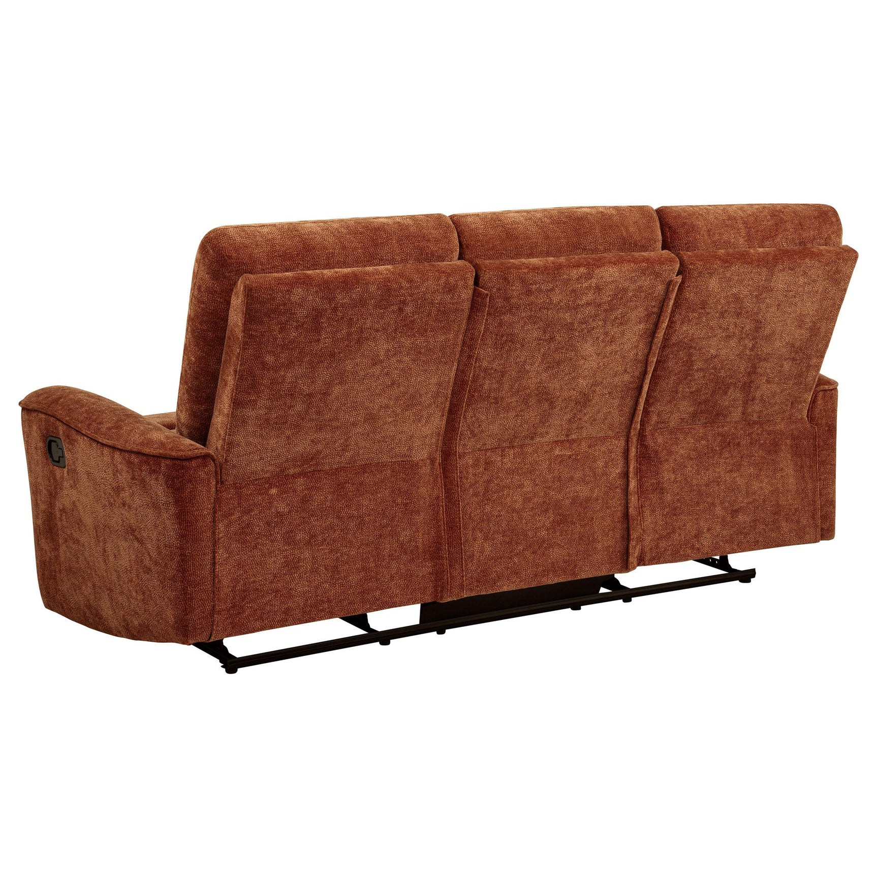 Manual recliner lever detail on burnt orange sofa