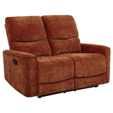 Side angle of Navarro reclining loveseat in burnt orange