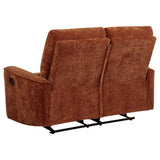 Back of Navarro burnt orange reclining loveseat