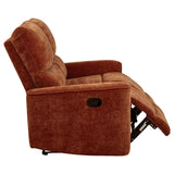 Wood and metal frame base under loveseat