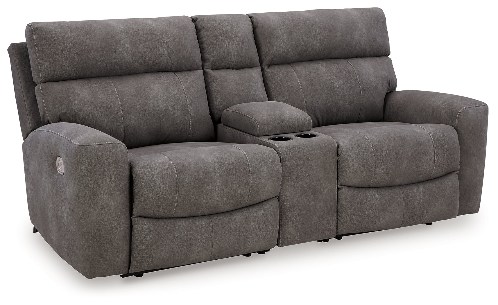 Left-arm facing power recliner with adjustable headrest detail