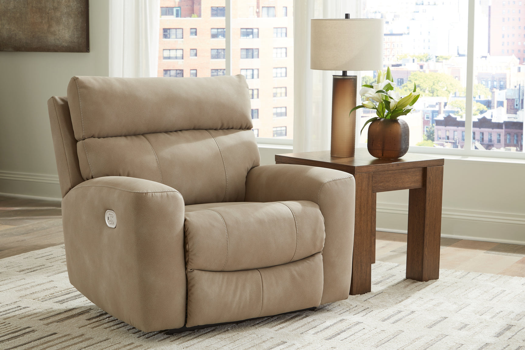 Reclined position of Next-Gen DuraPella Sand Microfiber Power Recliner