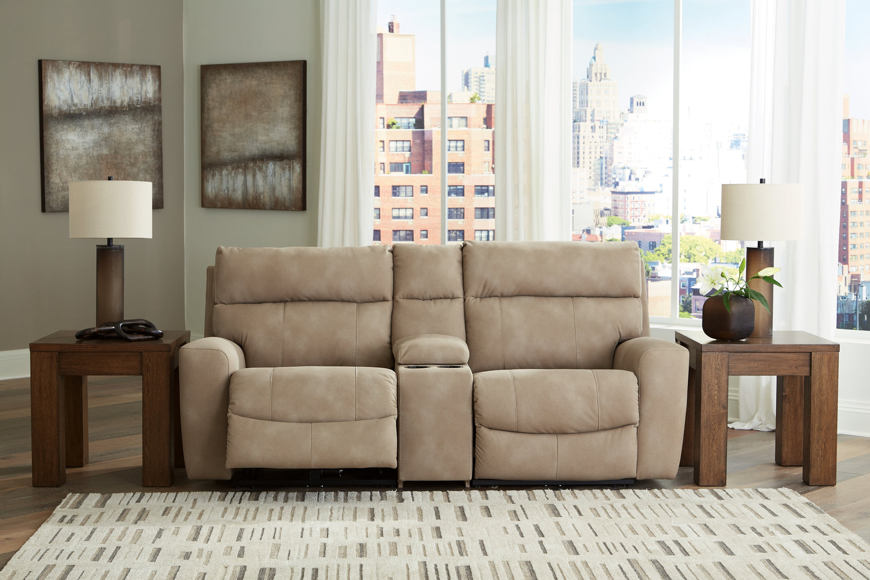 Console piece with cup holders and storage open