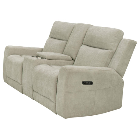 Side angle of Kennett power reclining loveseat in ivory chenille