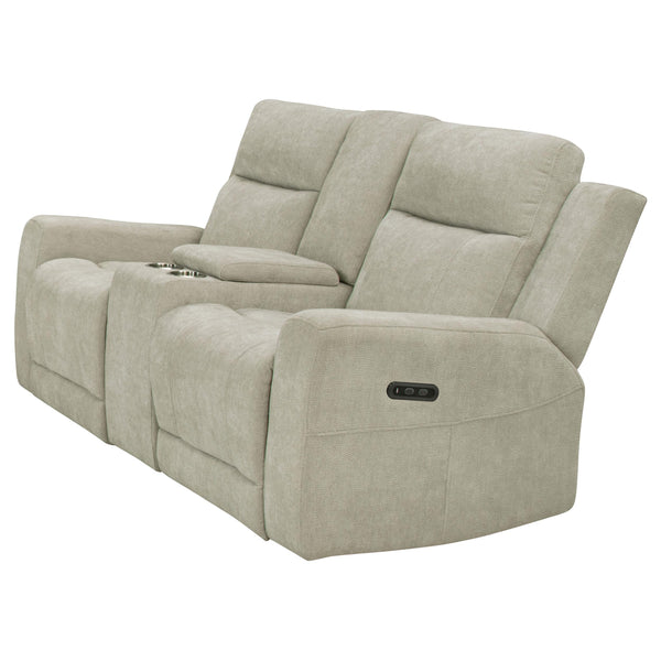 Side angle of Kennett power reclining loveseat in ivory chenille