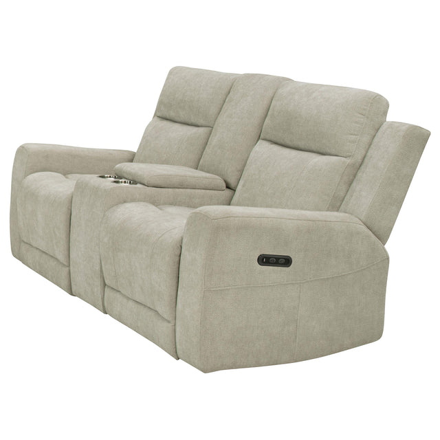 Side angle of Kennett power reclining loveseat in ivory chenille
