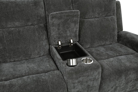 Loveseat with center console and cup holders