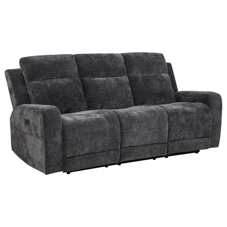 Side angle of Kennett Chenille Upholstered Power Reclining Sofa showing reclining feature