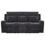 Close-up of dark grey chenille fabric texture on sofa