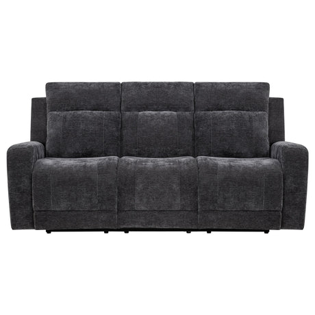 Close-up of dark grey chenille fabric texture on sofa
