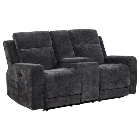 Side view of Kennett grey chenille power reclining loveseat